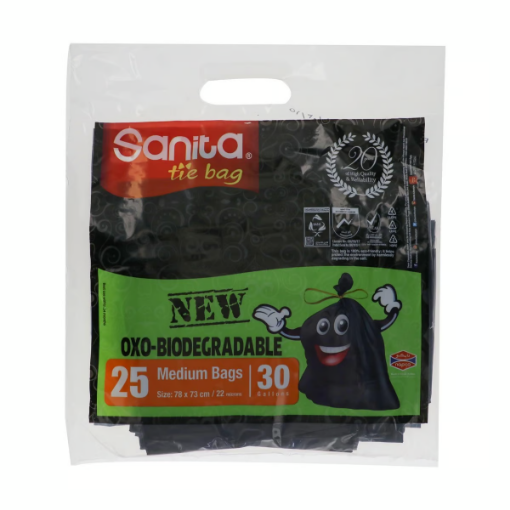 صورة سانيتا كيس قمامة بربطة قابل للتحلل متوسط 30 جالون مقاس 78 × 73 سم 25 حبة