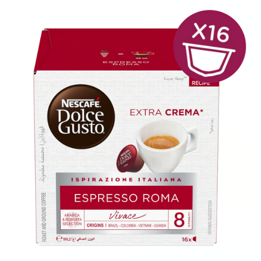 صورة نسكافيه دولتشي قوستو كبسولات قهوة اسبريسو روما بالكريمة المضاعفة 16 حبه 99.2 جم