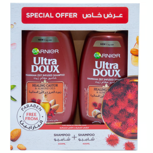صورة غارنييه الترا دو - شامبو بزيت الخروع واللوز المعالج 600 مل + 400 مل